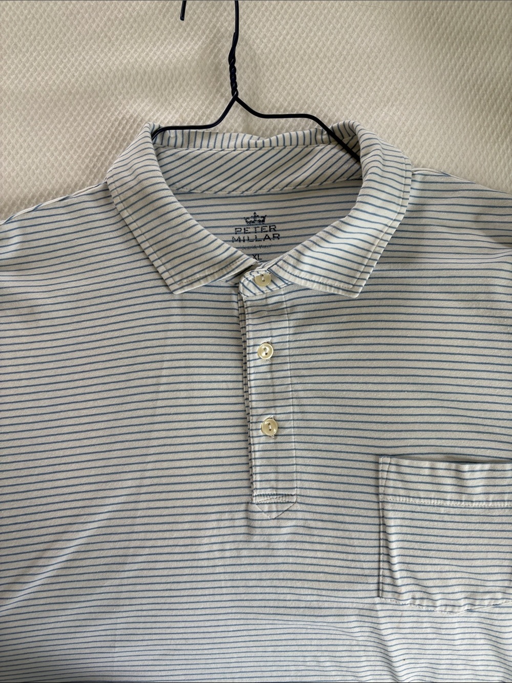 Peter Millar White Polo with Thin Light Blue Stripes